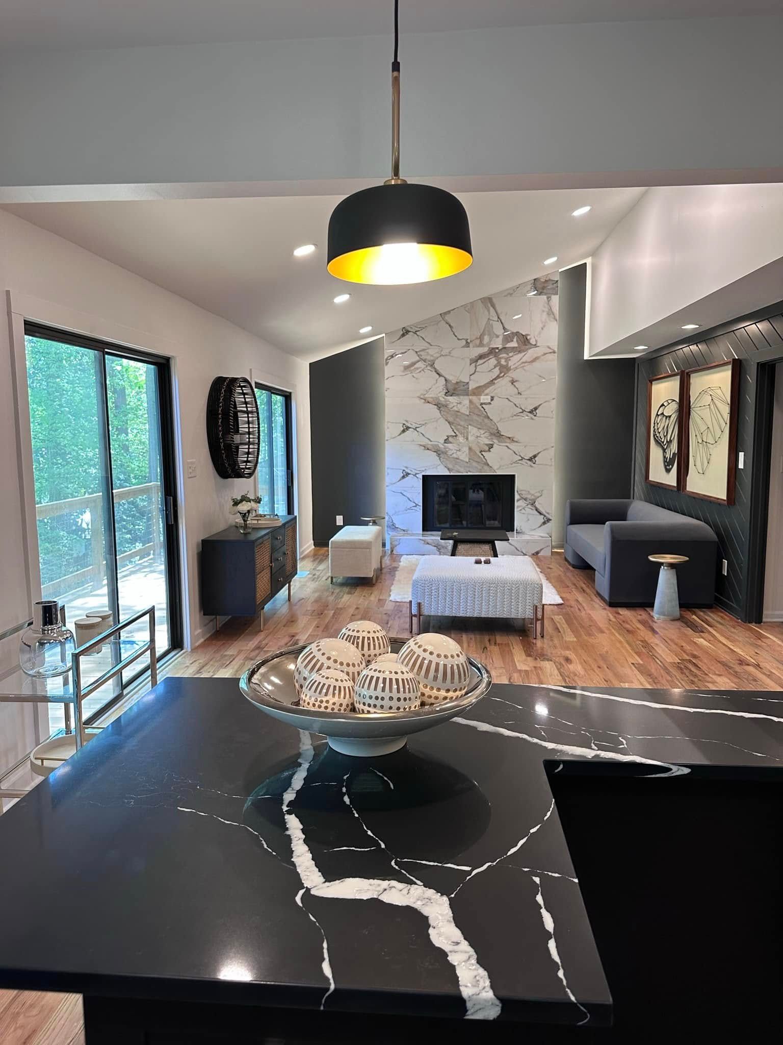 Kitchen with black countertops