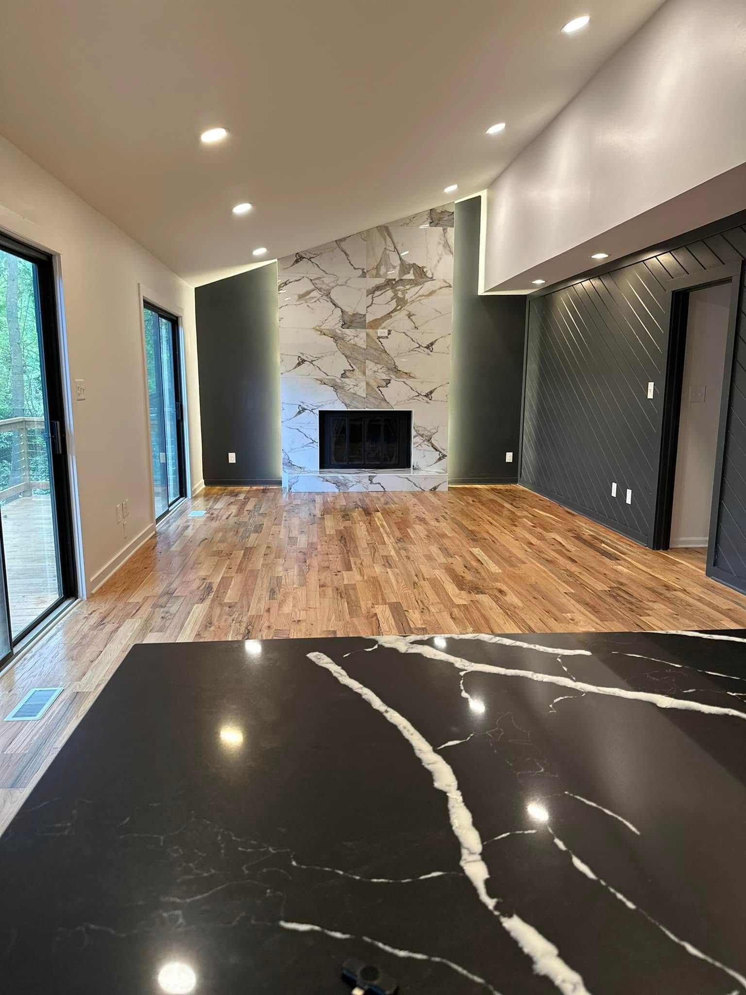 Marble waterfall island kitchen